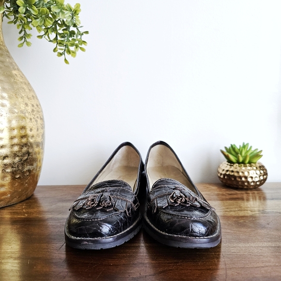 Talbots Crocodile Embossed Genuine Leather Tassel Penny Loafers Dark Brown, 7.5 - Picture 7 of 16